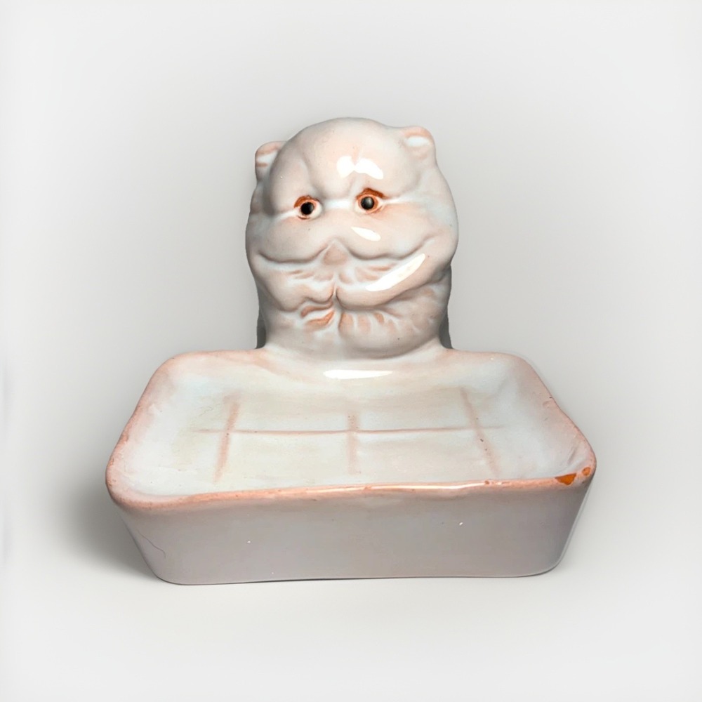 Vintage Persian Cat Soap Dish White Glazed Redware Pottery Mid Century 5.5"